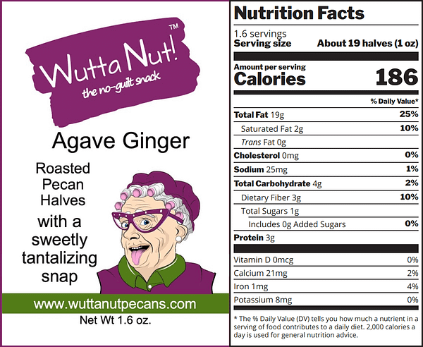 agave ginger roasted pecan halves snack pouch nutrition label