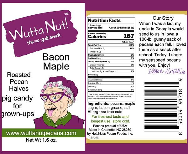 Bacon Maple snack pouch front label and nutrition label