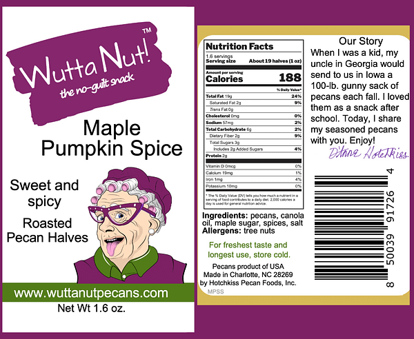 Maple Pumpkin Spice pouch front label and nutrition label