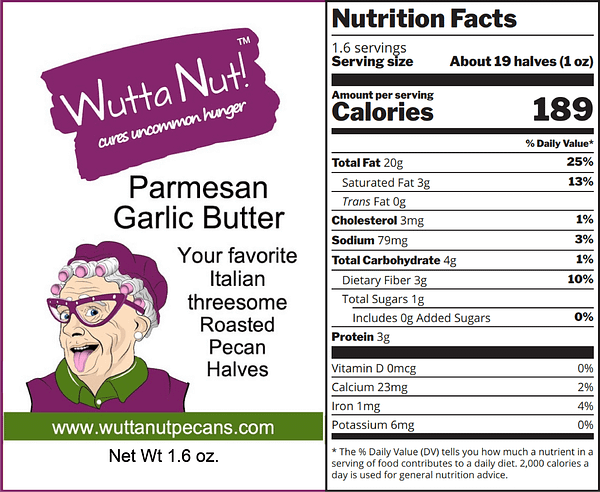 Parmesan garlic butter roasted pecan halves snack pack nutrition label