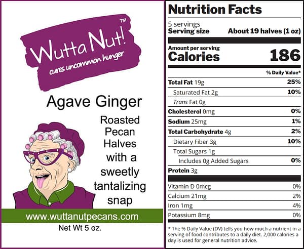 Agave ginger roasted pecan halves family size nutrition label