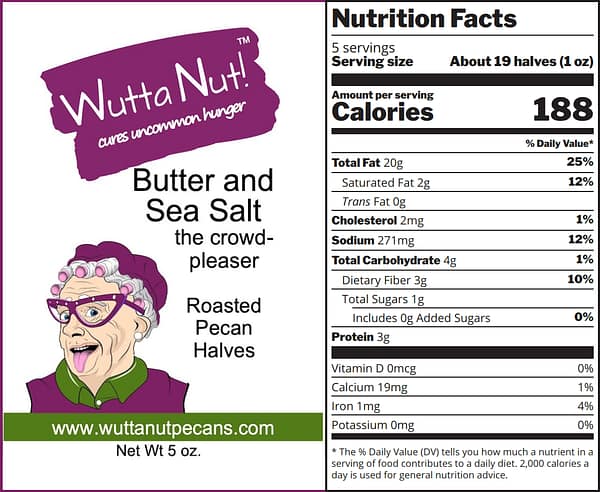 Butter and sea salt roasted pecan halves family size nutrition label