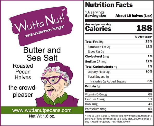 Butter and sea salt roasted pecan halves snack pouch nutrition label