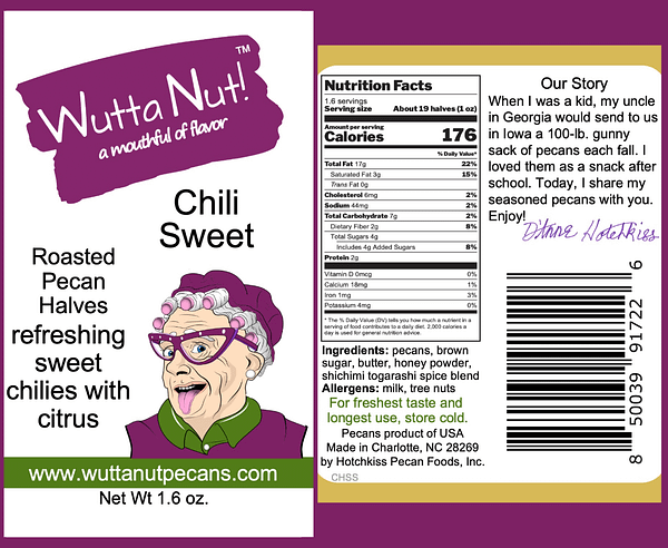 Chili Sweet snack pouch front label and nutrition label