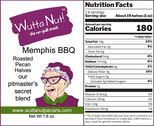 Memphis barbecue roasted pecan halves snack pouch nutrition label