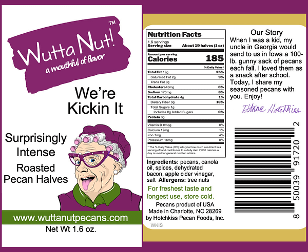 We're Kickin' It pouch front label and nutrition label