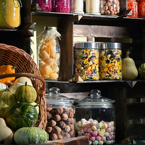 kitchen pantry shelves with staple foods in glass jars