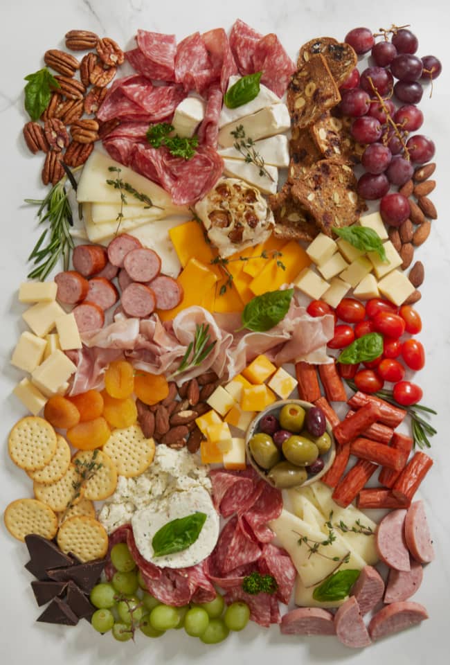 meats, cheeses, pecans, dried fruits